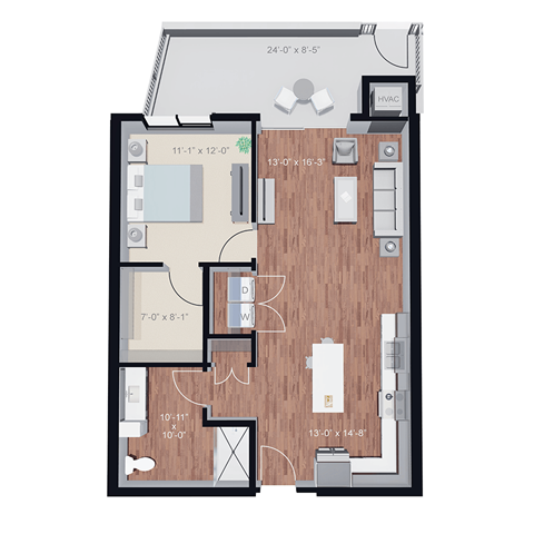 Floor plan for 1 bed, 1 bath